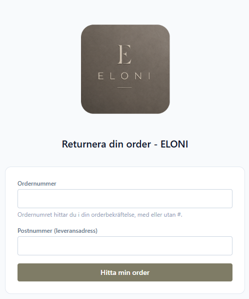Retursidan som kunden ser, med butikens logga och färg, fälten Ordernummer och Postnummer