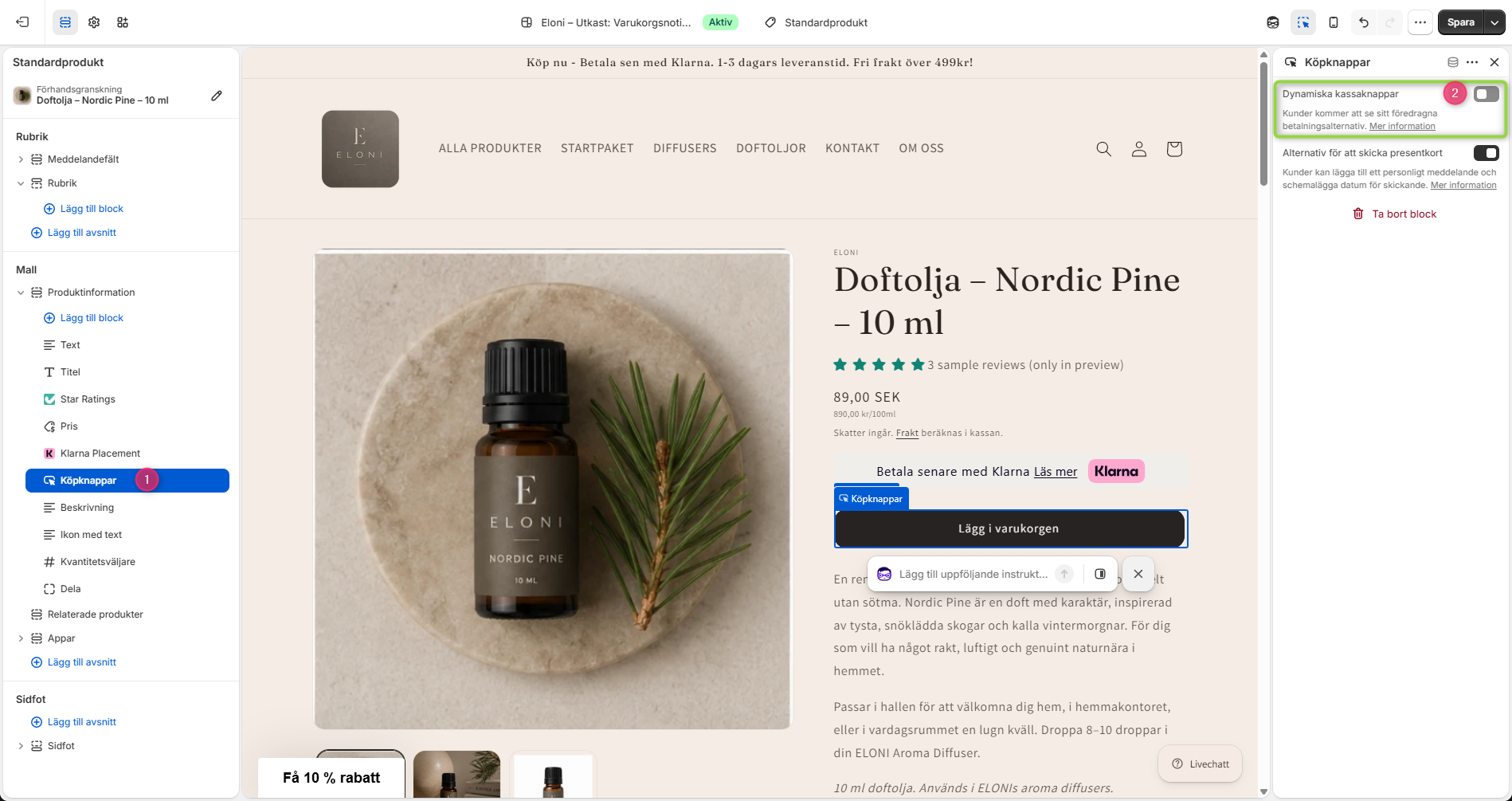 Shopifys temaredigerare med produktmallen öppen, blocket Köpknappar markerat, och dess växel Dynamiska kassaknappar avslagen